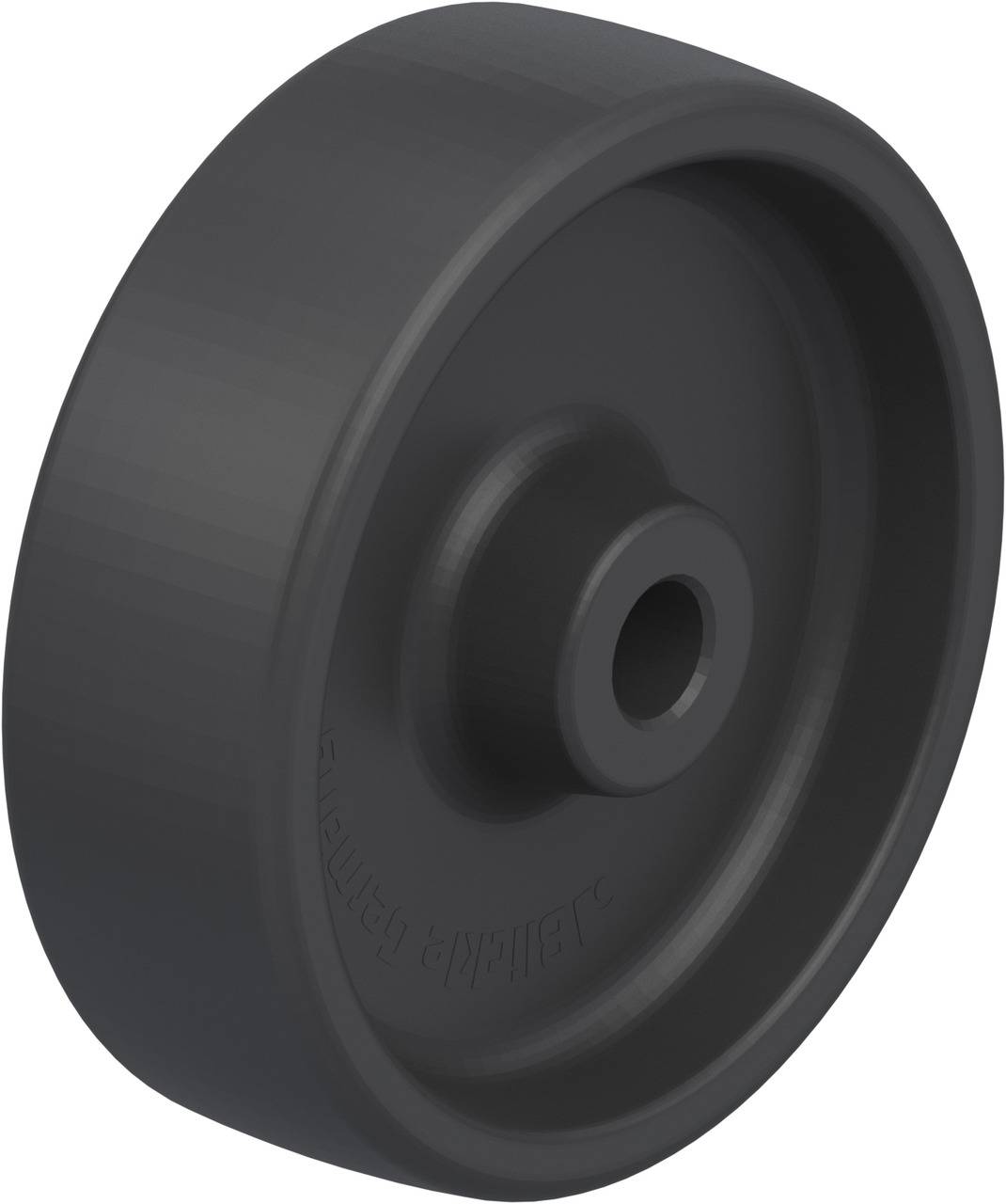 Schwarzes Kunststoffrad mit glatter Oberfläche und einer zentralen Bohrung, ideal für den Einsatz in Rollwagen oder Geräten.
