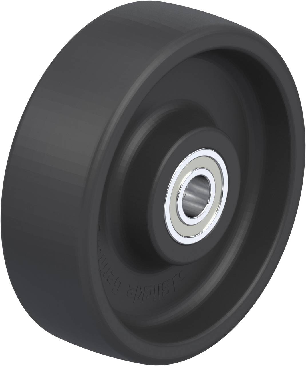 Schwarzes Rad mit Metalllager in der Mitte, geeignet für schwere Lasten auf Transportwagen oder Maschinen.