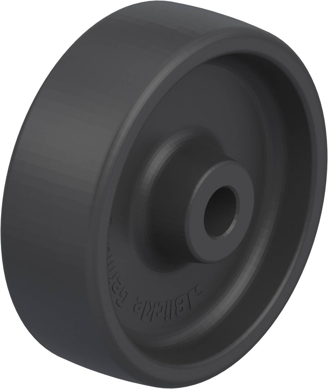 Schwarzes Kunststoffrad mit glatter Oberfläche und Zentrallochauslass, geeignet für Maschinen oder Möbelbewegung.