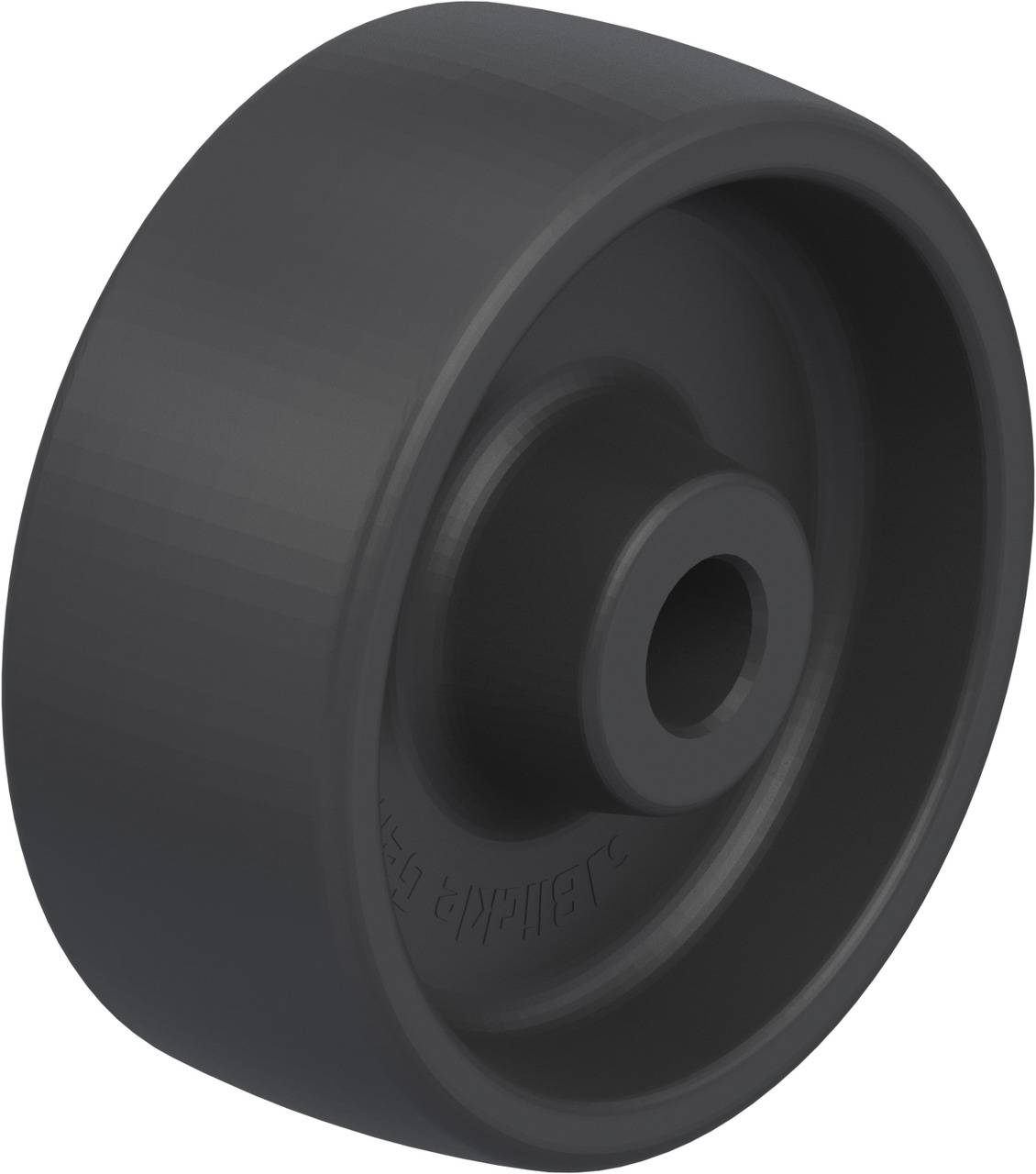 Ein schwarzes Rad mit zentralem Loch, geeignet für leichte Möbel oder Geräte. Glatte Oberfläche, primär für Innenbereich verwendet.