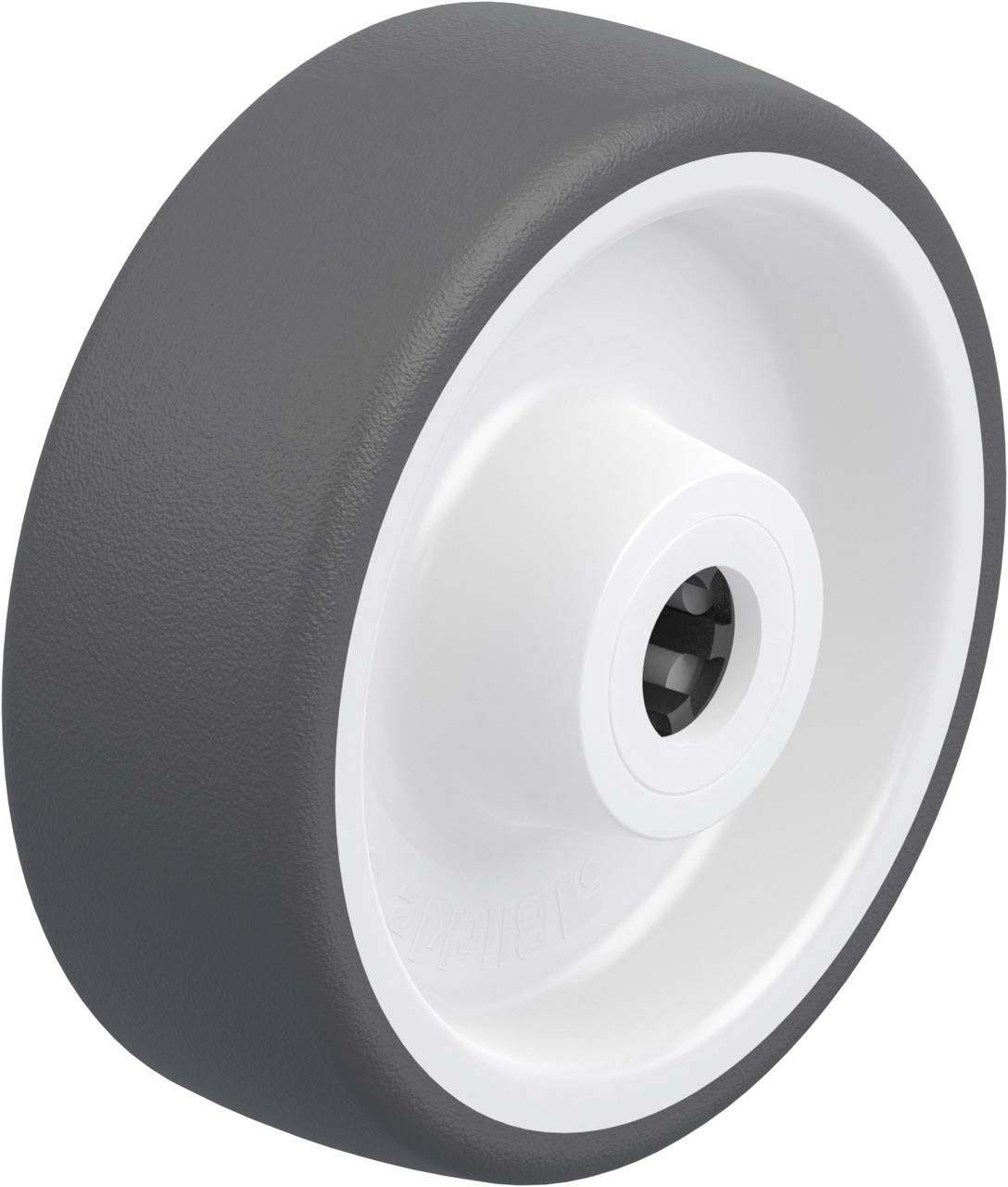 Graues Rad mit weißer Felge aus Kunststoffmaterial, geeignet für Möbel oder Geräte.