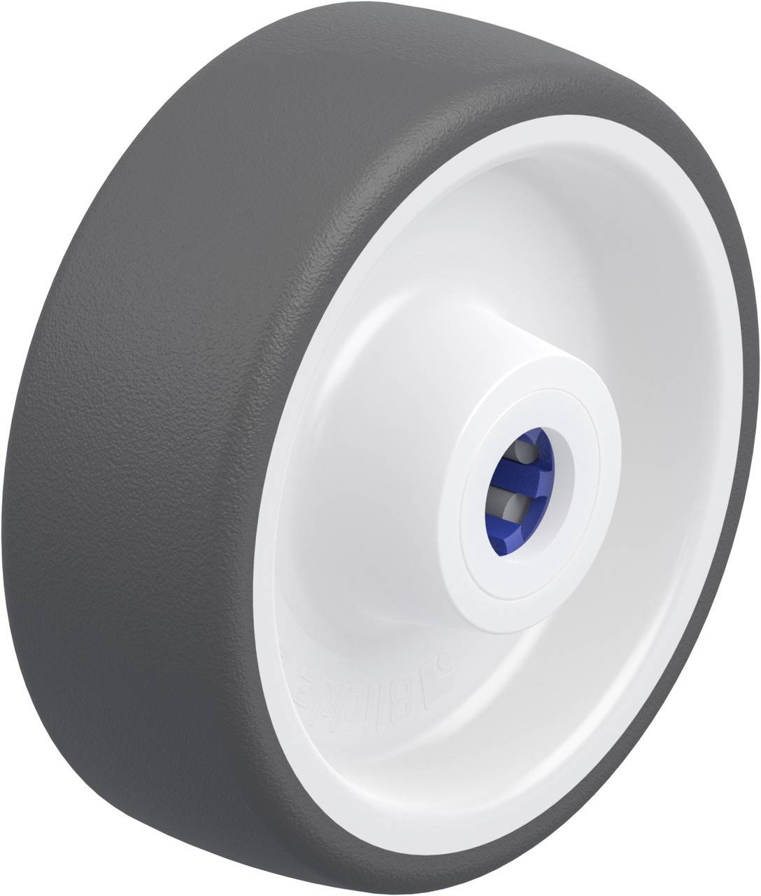 Graues Rad mit weißem Innenbereich und blauem Mittelteil, das möglicherweise für Transportgeräte oder Möbelrollen verwendet wird.