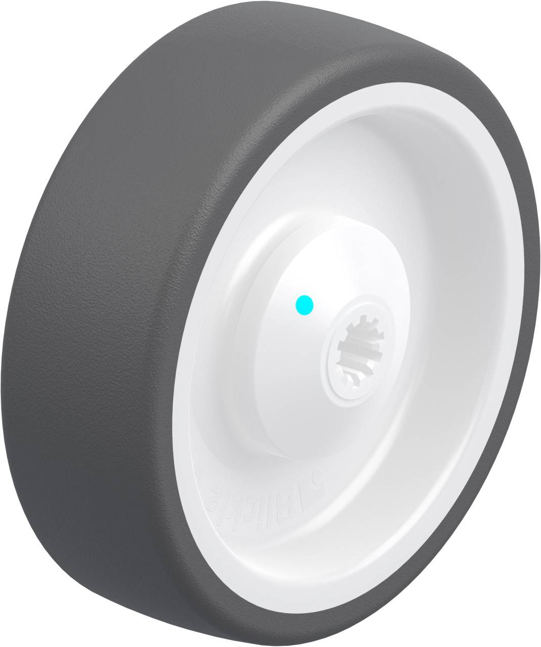 Graues Kunststoffrad mit weißem Innenbereich und gezahntem Loch in der Mitte, geeignet für leichte Möbel oder Geräte.