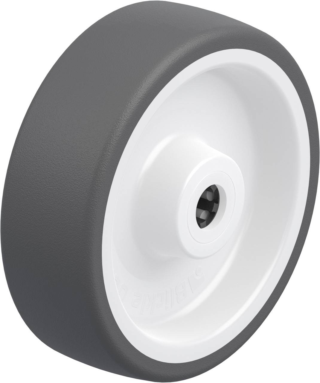 Graues Rad mit weißem innerem Kreis, vermutlich ein schwerlastfähiges Rollrad. Ideal für Möbel oder Transportwagen.