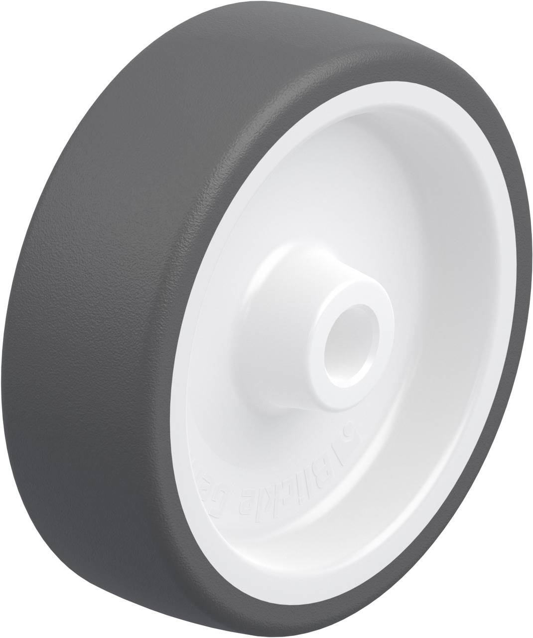Graues Rad mit weißer Innenseite, zeigt eine glatte Oberfläche und zentrale Achsöffnung. Geeignet zur Verwendung bei Möbelstücken.