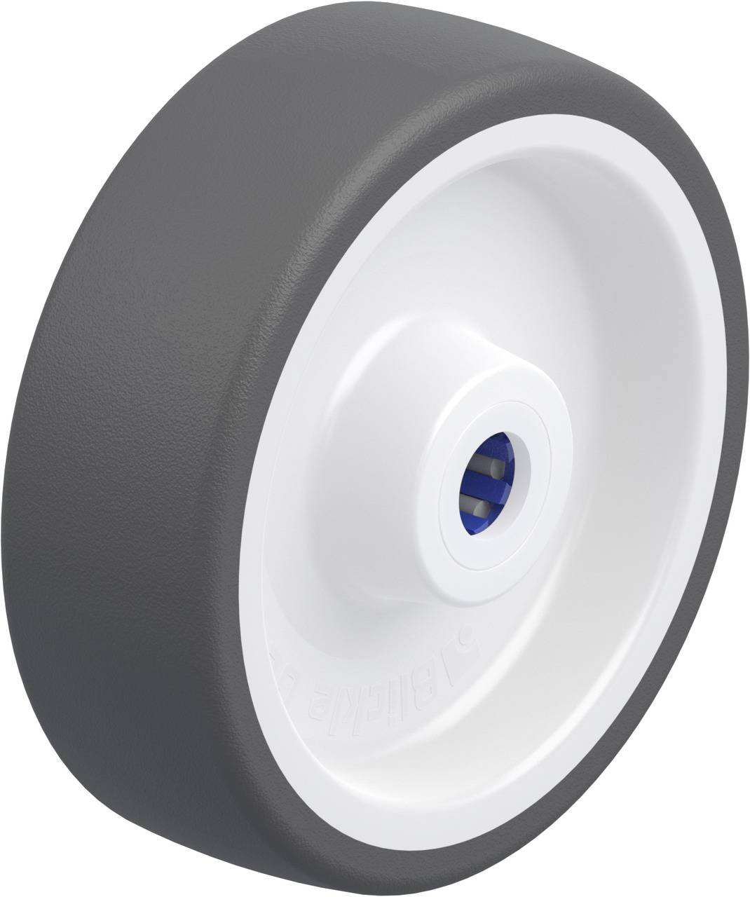 Graues Rad mit weißem Innenring und blauer Metallnabe, geeignet für Möbel oder Industrieanwendungen.