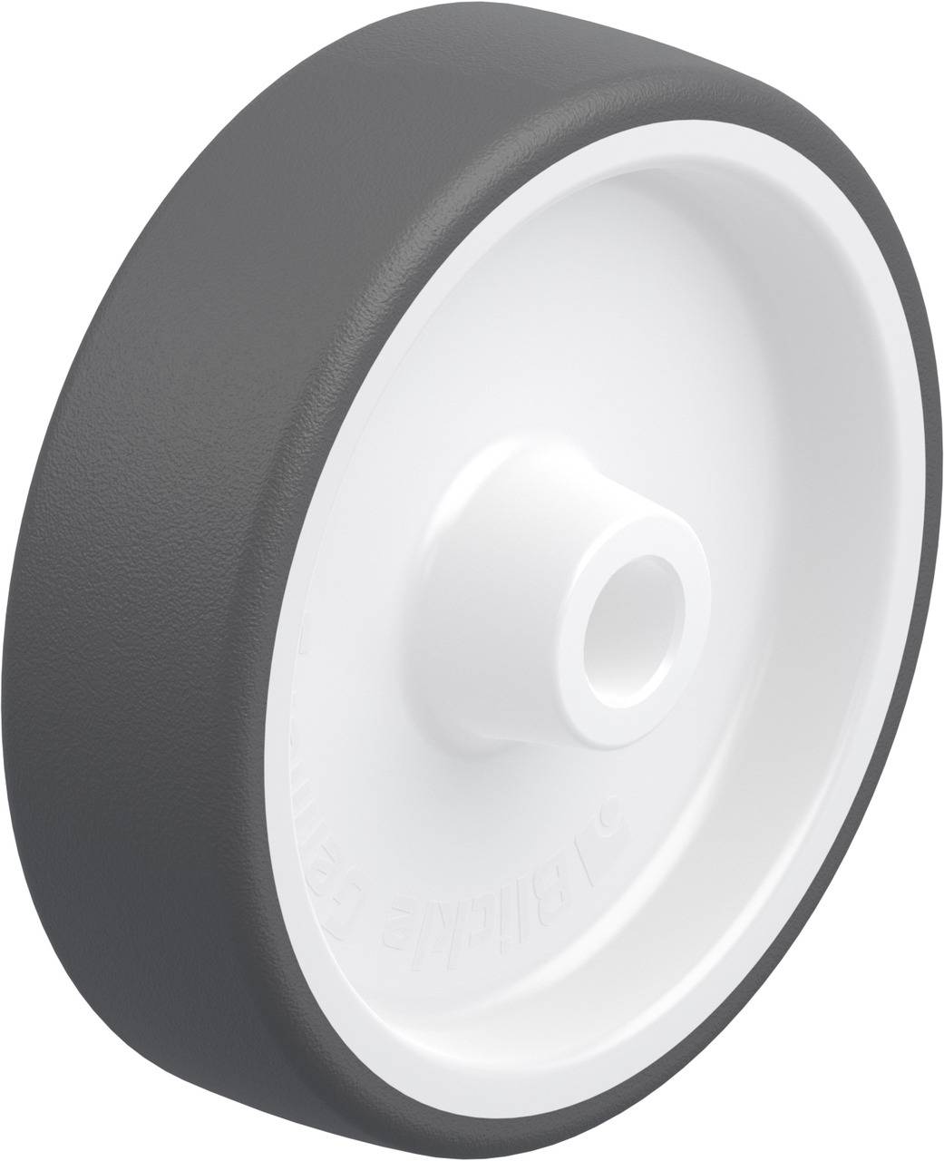 Graues, rundes Rad mit weißem Innenbereich, geeignet für Transportwagen oder Möbel, Lagerung in der Mitte sichtbar.