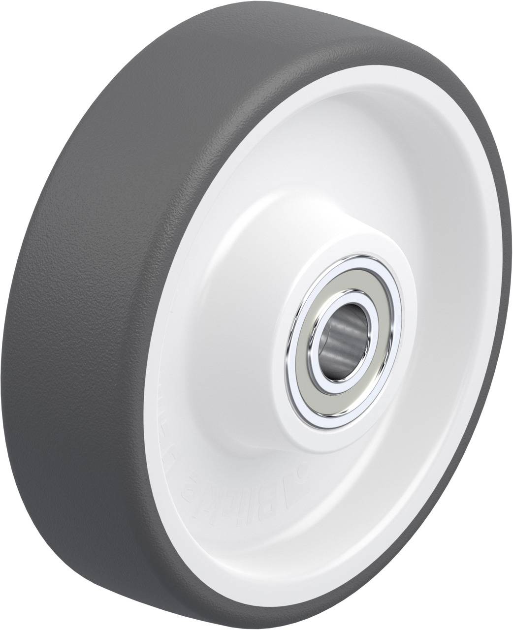 Graues Rad mit weißem Kern und Metalllager, möglicherweise für Transportwagen oder Geräte. Robust und funktional designt.