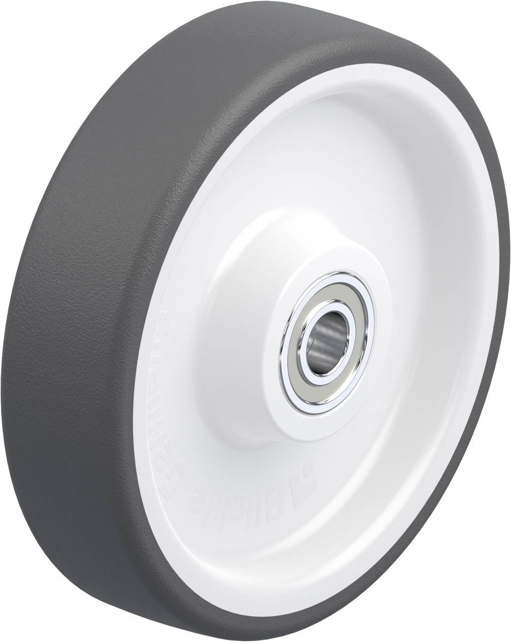 Ein einzelnes graues Rad aus Gummi, montiert auf einer weißen Kunststofffelge mit einem zentralen Kugellager sichtbar in der Mitte.