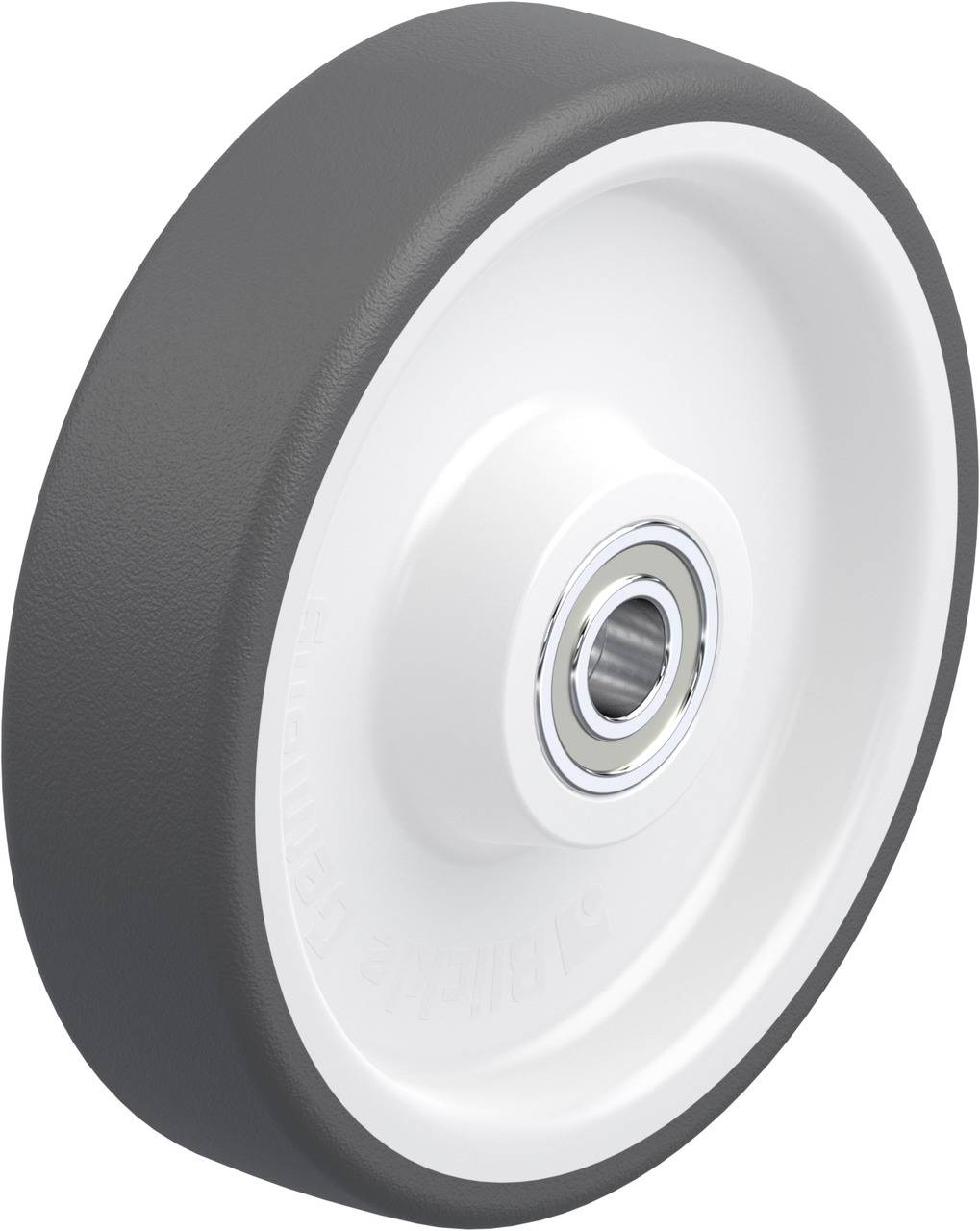 Ein radförmiges Objekt mit grauer Gummibereifung und weißem Kunststoffkern, passend für Schwerlastrollen und Industrieanwendungen.