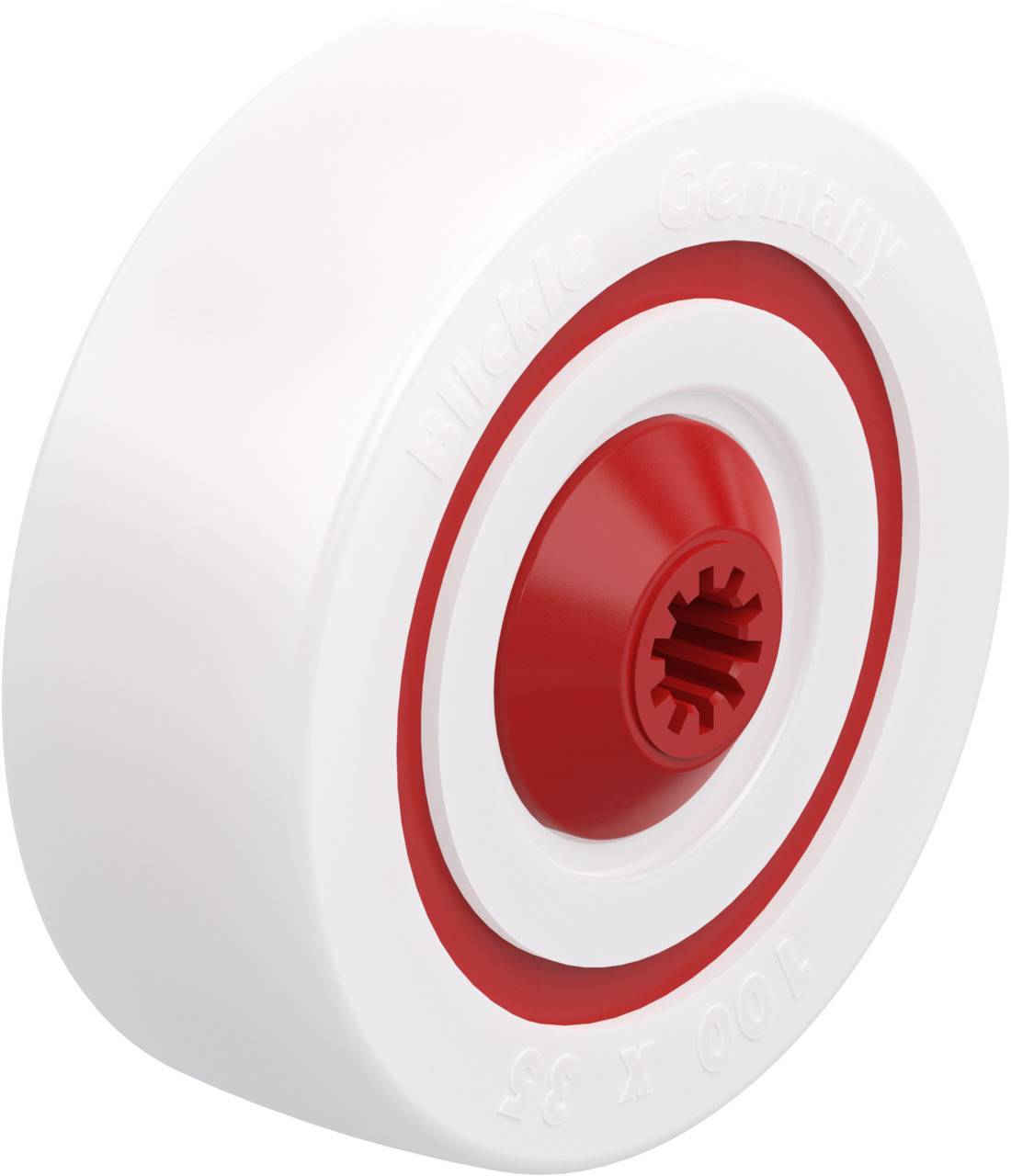 Ein weißes Inline-Skate-Rad mit rotem Mittelteil und gezahnter Öffnung. Aufschrift 'Rolle Germany 100 x 83'.