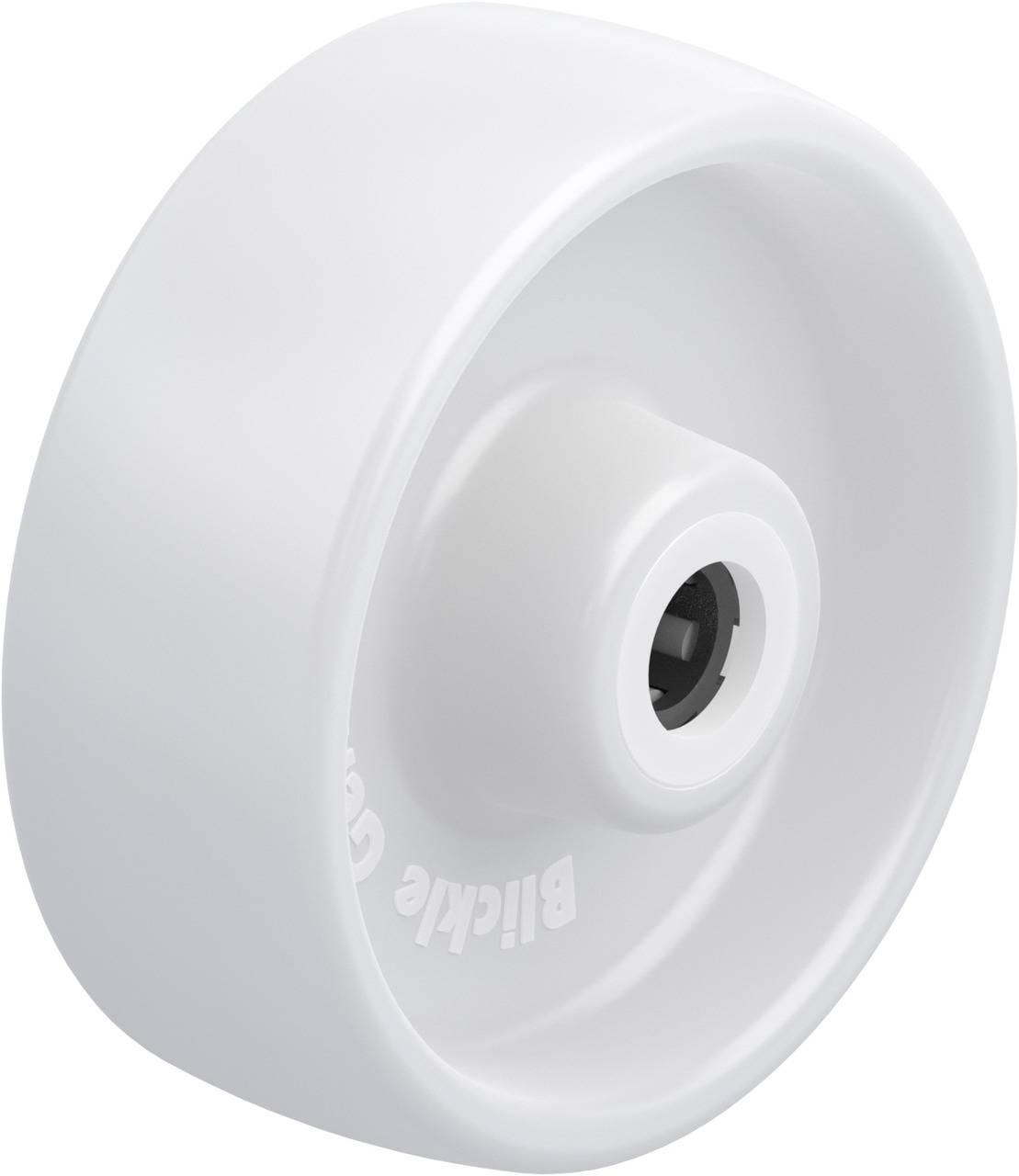 Weiße Kunststoffrolle mit einem Metallmittelteil, geeignet für Möbel oder kleine Geräte.