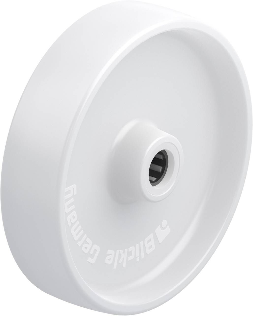 Weißes Plastikrad mit schwarzem Innenlager, leicht angewinkelt dargestellt.