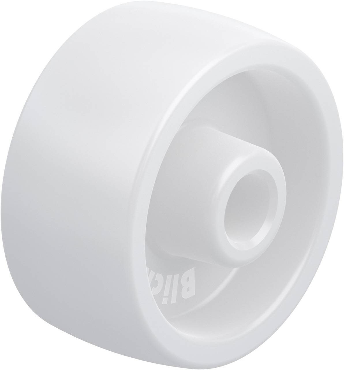 Weißes Skateboardrad aus Kunststoff mit glatter Oberfläche und abgerundeten Kanten, mittig ein kreisförmiges Loch für die Achsaufnahme.