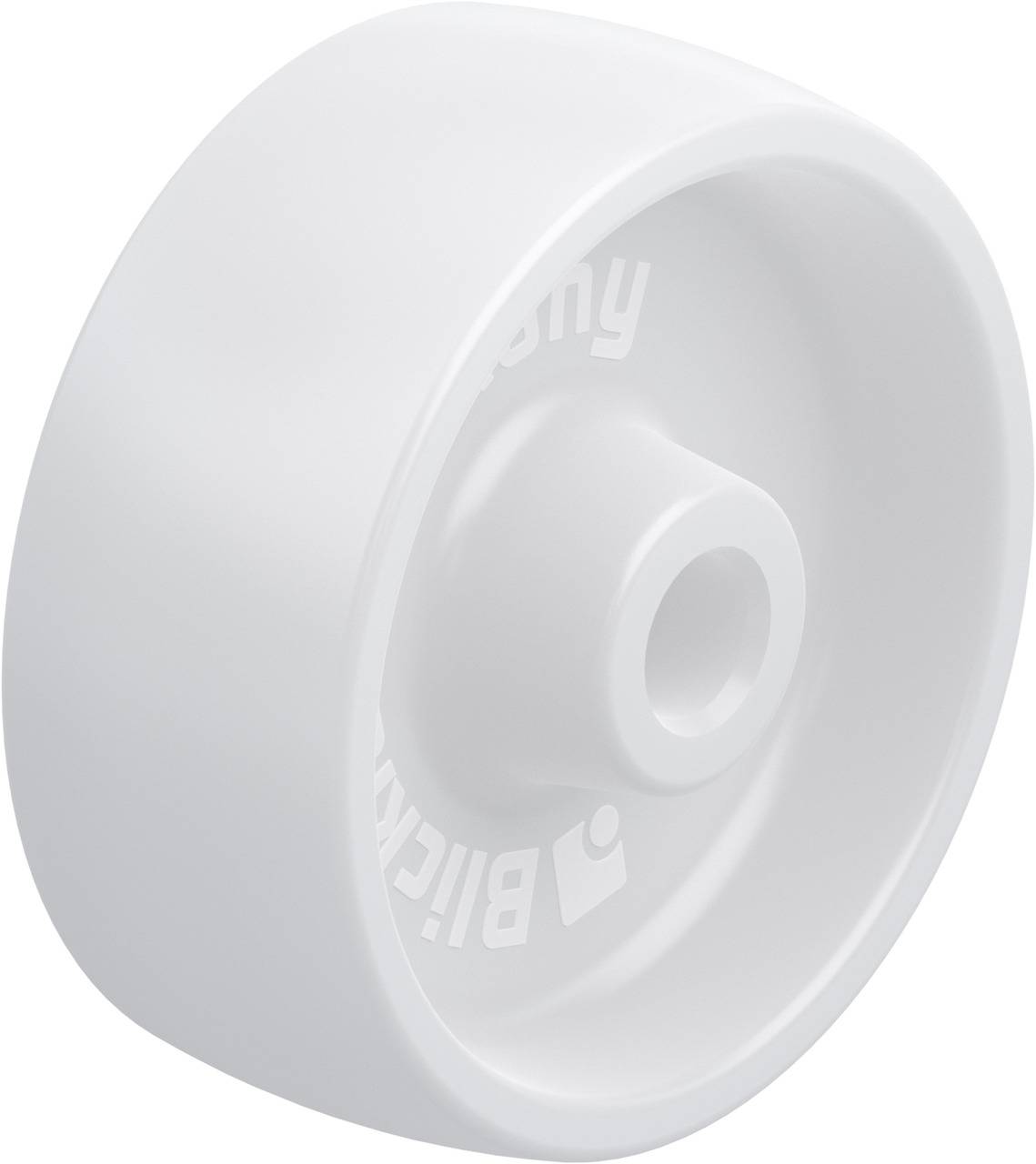 Ein weißes Kunststoffrad mit zylindrischem Innenraum, wahrscheinlich für Möbel oder Einkaufswagen geeignet.