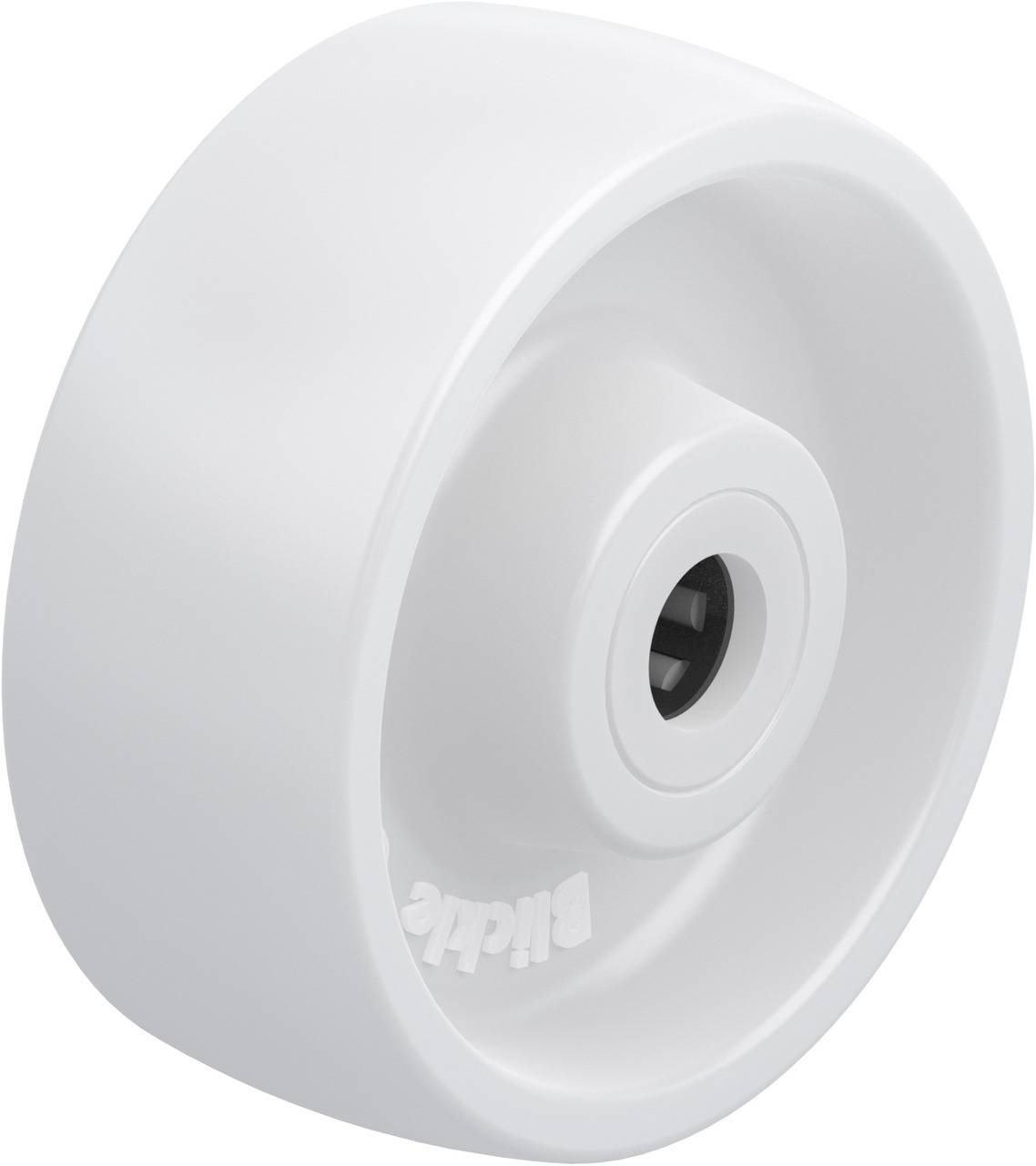 Weißes Skateboardrad mit Kugellager, Ansicht von der Seite.