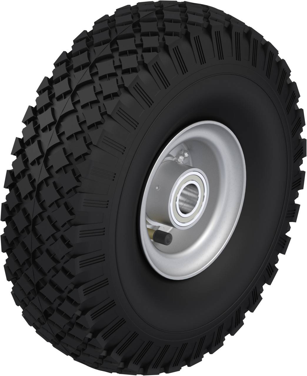 Ein einzelnes, grobstolliges, schwarzes Reifenrad mit silberner Felge, geeignet für ein Geländefahrzeug.