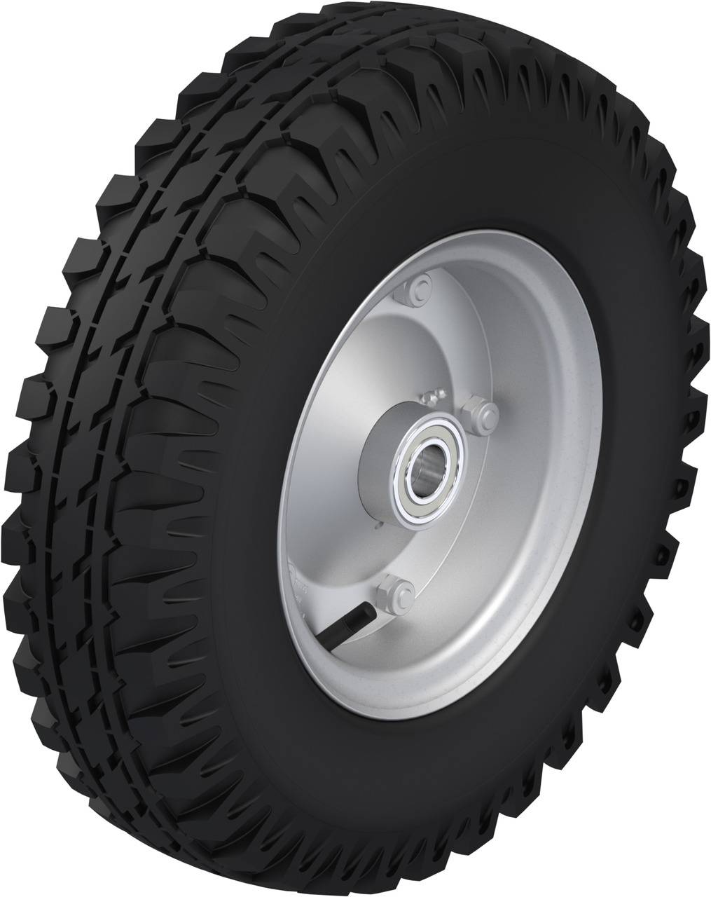 Ein einzelnes, robustes Reifen mit starker Profilierung, geeignet für Geländefahrzeuge, vor einem neutralen Hintergrund.