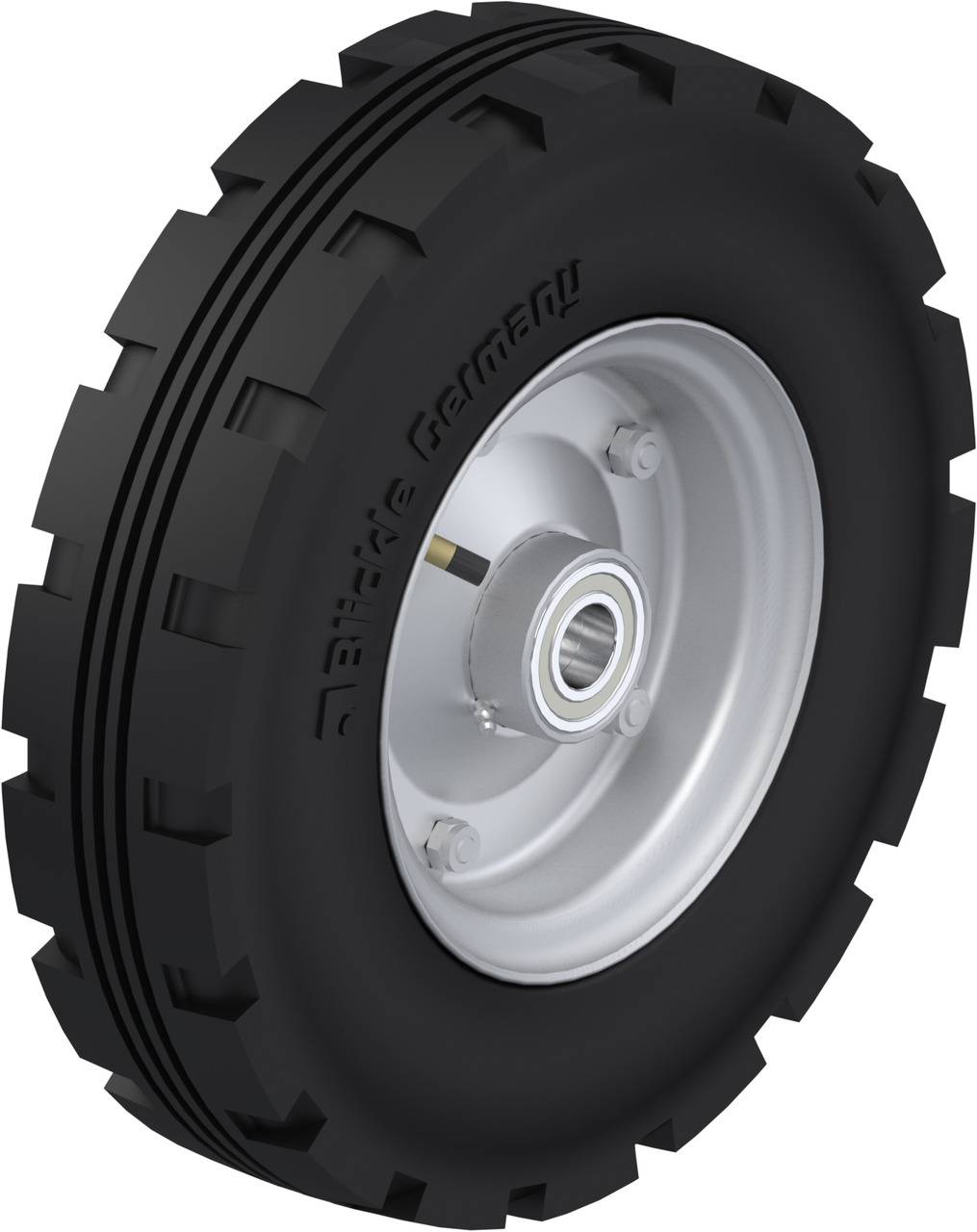 Schwarzer Gummireifen mit tiefem Profil und silberner Metallfelge. Geeignet für schwere Fahrzeuge oder landwirtschaftliche Maschinen.