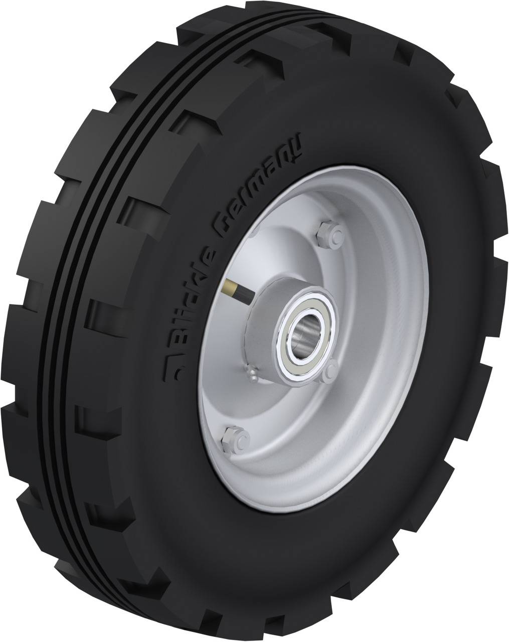 Ein robustes, schwarzes Reifen mit einem silbernen Felgenzentrum. Der Reifen hat ein grobstolliges Profil, geeignet für unbefestigtes Gelände.