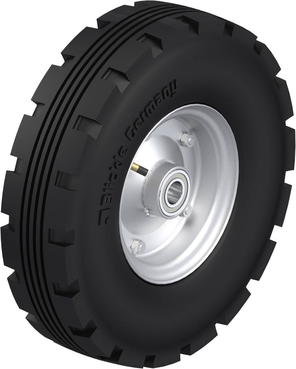 Ein schwarzer Reifen mit grobem Profil auf einer silbernen Felge. Er hat eine Beschriftung auf der Seite und scheint für Lkws geeignet.