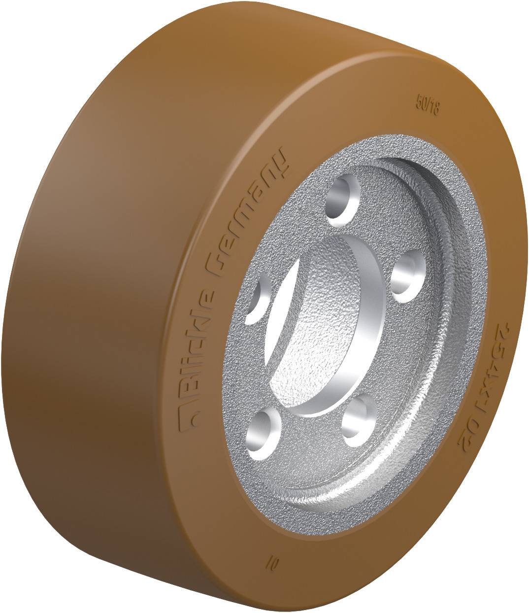 Braunes Rad mit silbernem Metallkern und drei Löchern. Text 'Blickle Germany' auf der Seite eingraviert.