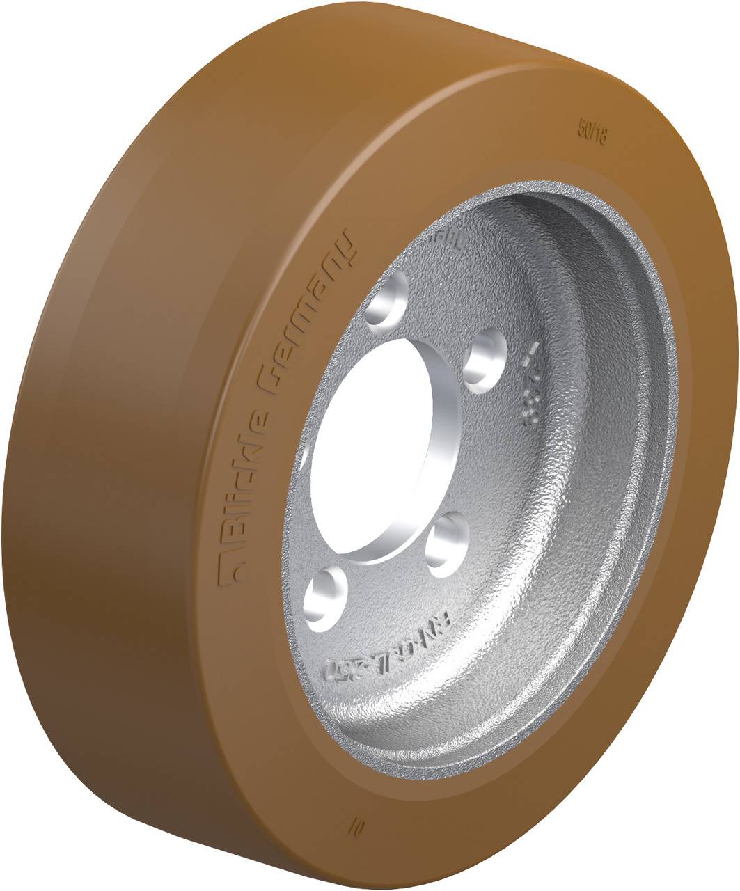 Braunes Rad mit silberner Felge, beschriftet mit 'Blickle Germany'. Einsatz für Fahrzeuge oder Maschinen.