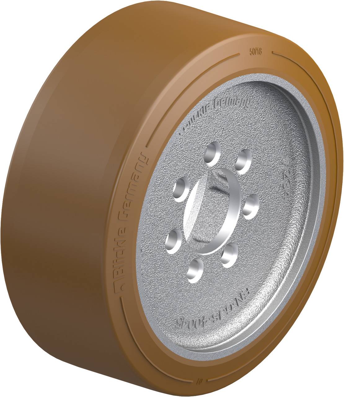 Ein braunes Rad mit silberner Metallscheibe und mehreren Löchern, vermutlich Teil eines industriellen Transportgeräts oder Maschinenrades.