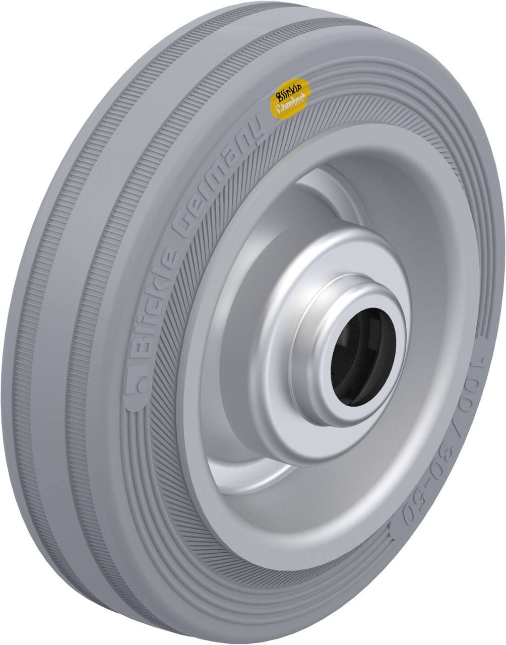 Graues, rundes Rad mit Metallfelge. Oberfläche hat feine Rillen und Schriftzug 'Made in Germany'. Gummirand mit Herstellerlogo.