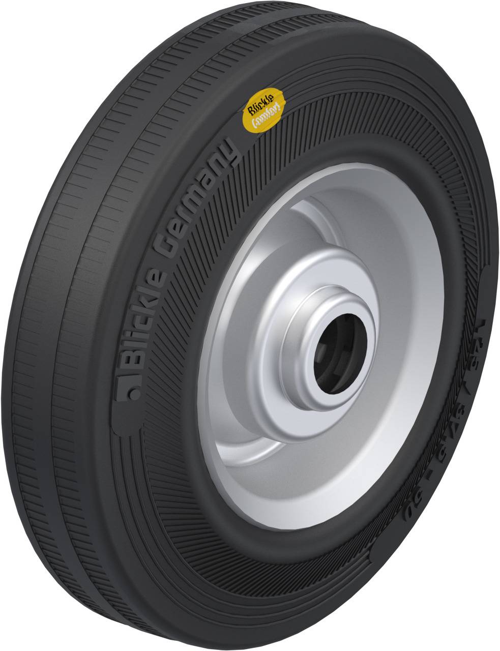 Ein schwarzes, gummiertes Rad mit metallischer Felge. Auf der Seite steht 'Blickle Germany'. Verwendet für Transportgeräte.