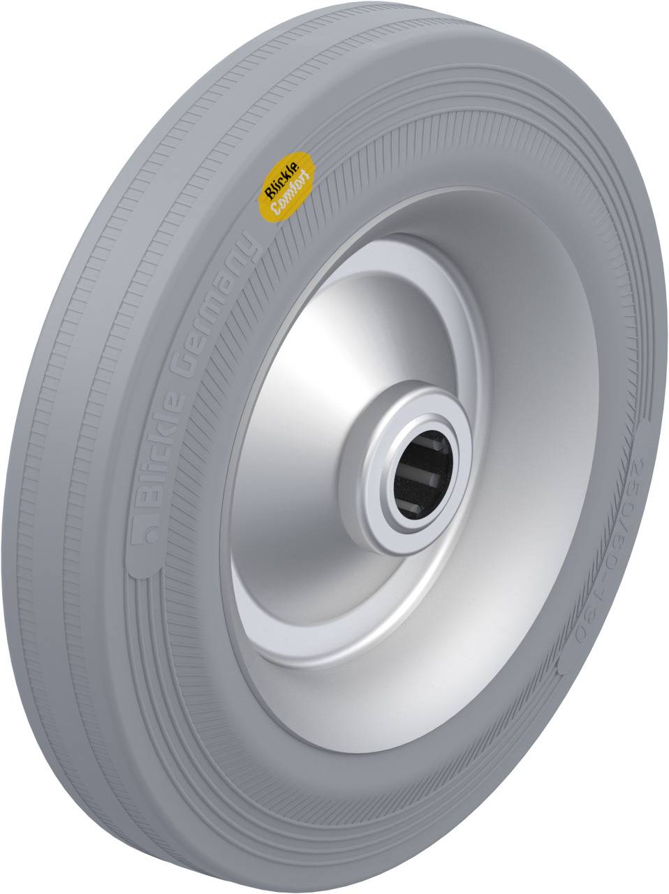 Graues, gummiertes Rad mit silberner Metallfelge, geeignet für industrielle Anwendungen oder Transportwagen.