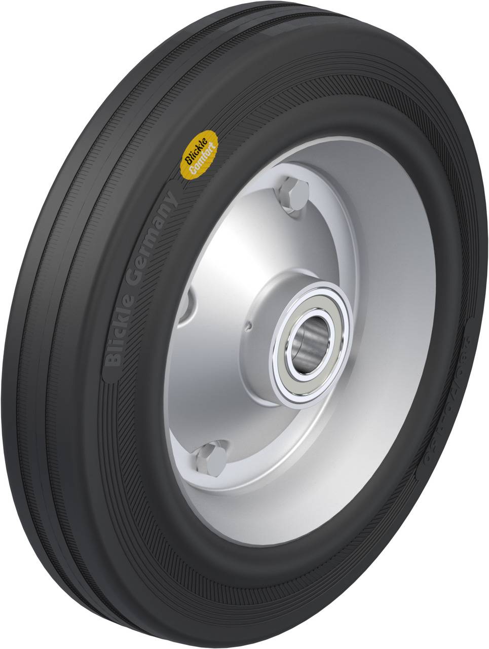 'Räder' aus Metall und Gummi mit Aufdruck 'Blickle Germany,' speziell für Transportgeräte konzipiert.
