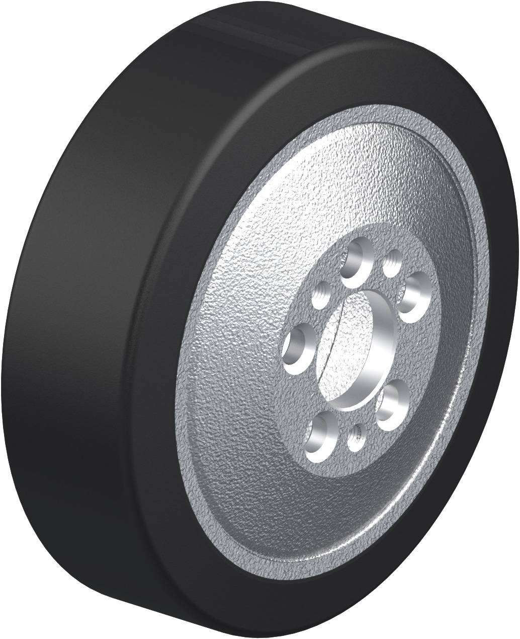 Ein schwarzes Rad mit einer silbernen, texturierten Metallfläche und mehreren Löchern in der Mitte.