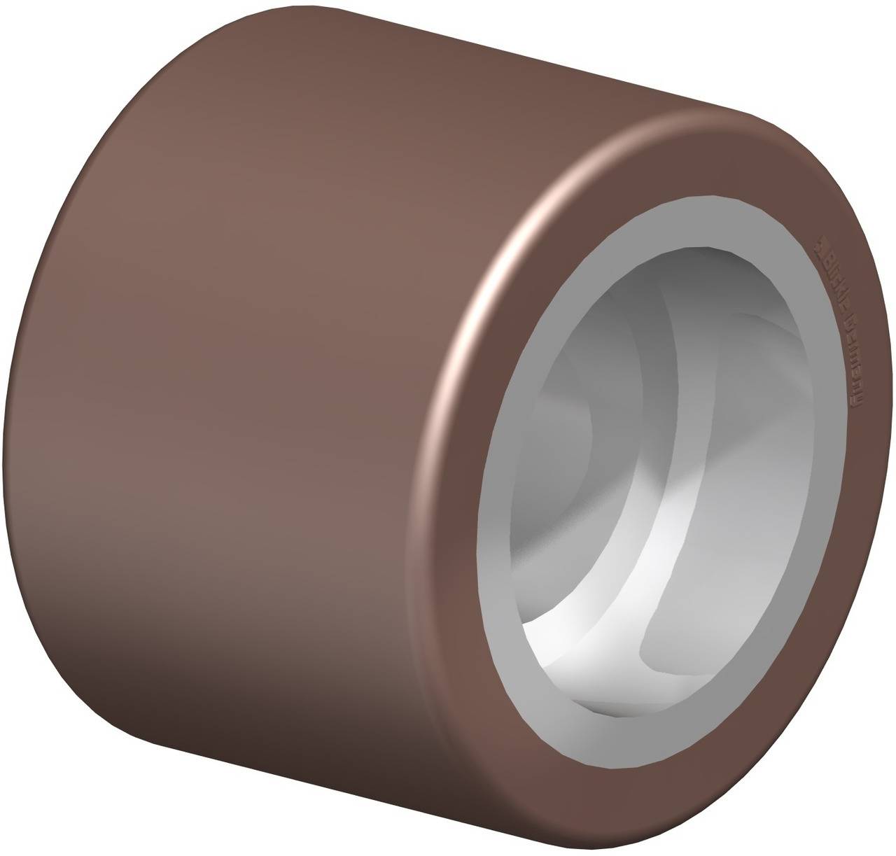 Ein braunes, zylindrisches Rad, möglicherweise Teil eines industriellen Mechanismus, auf weißem Hintergrund dargestellt.