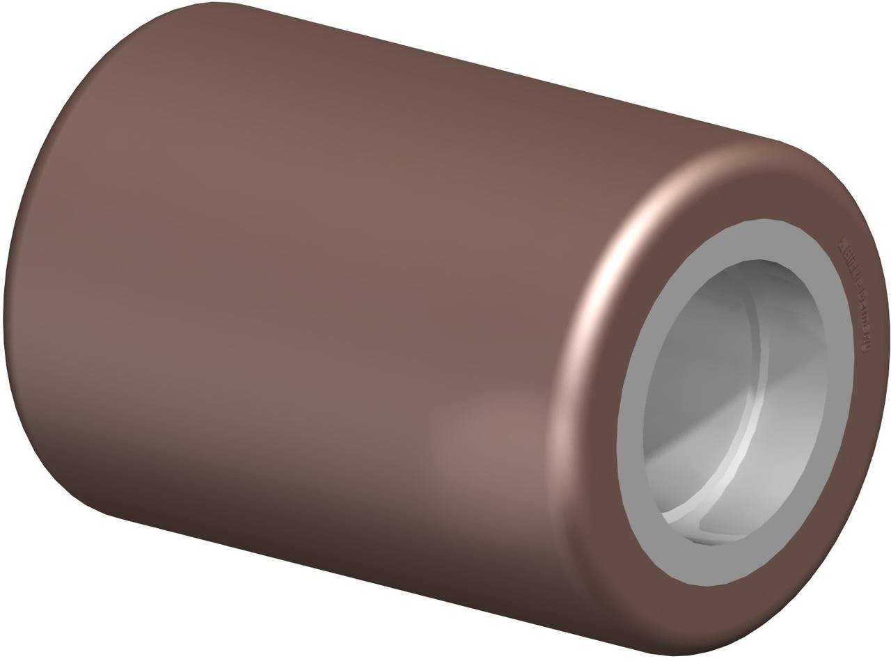 Braune zylindrische Rolle mit silbernem Innenring, vermutlich ein Maschinenteil oder Lager.