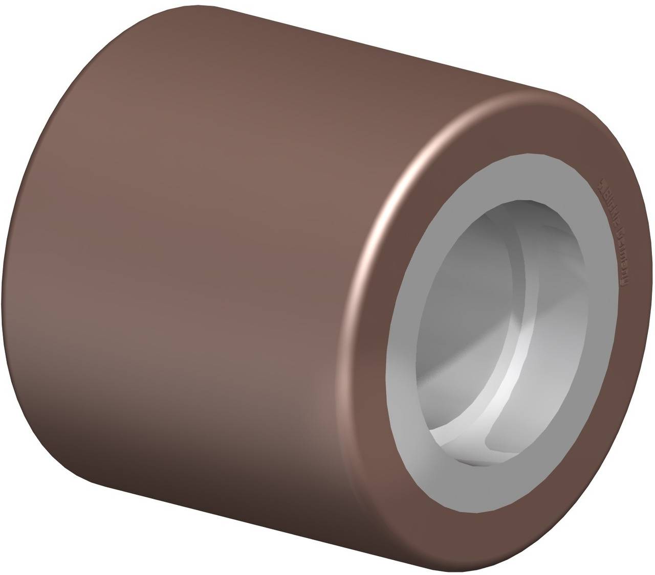 Braune Kunststoffrolle mit metallischer Innenhülse, zylindrische Form, verwendet in Förderanlagen für sanften Materialtransport.