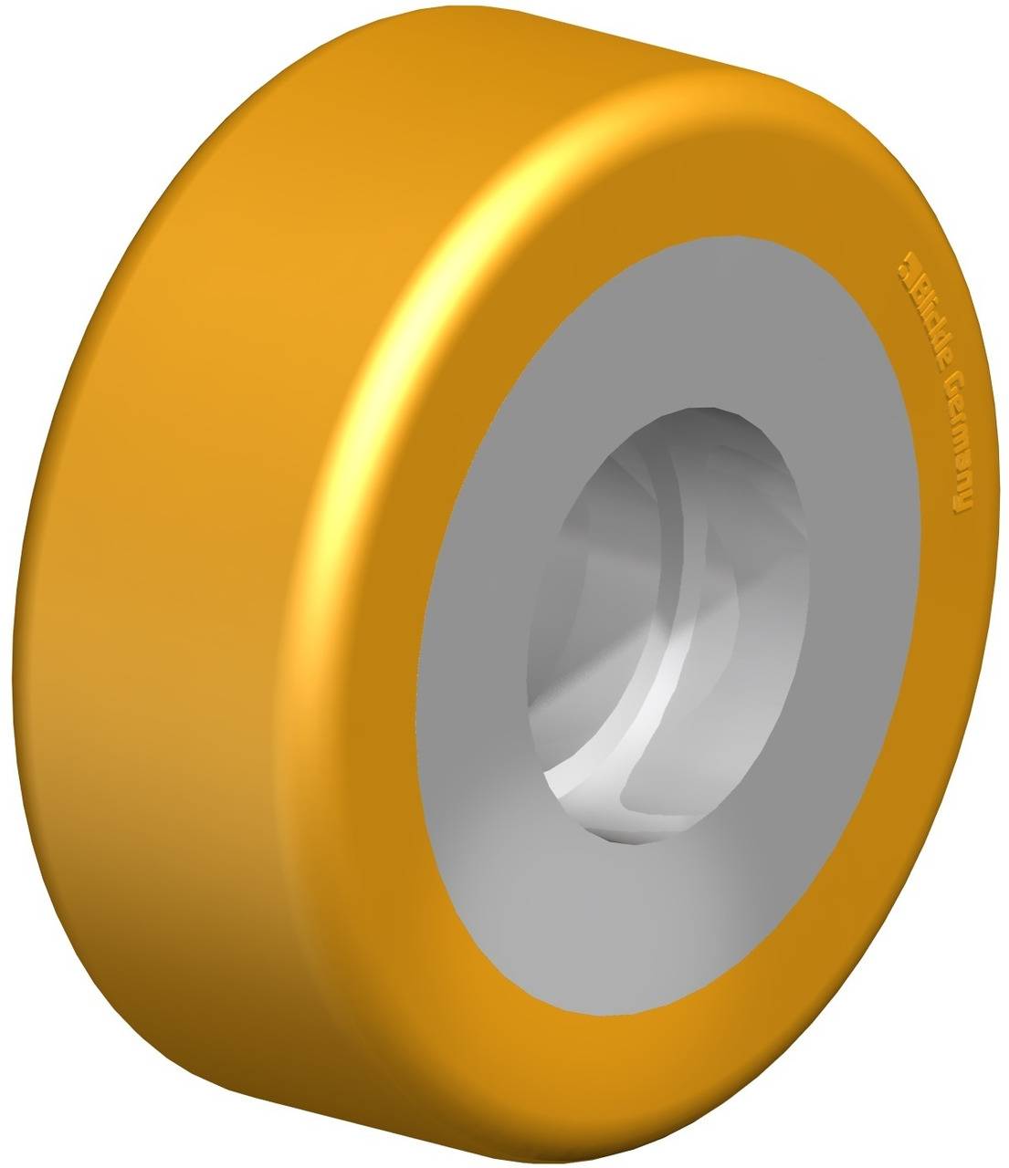 Ein orangefarbenes Rad mit grauer Metallnabe, geeignet für Rollen oder Fahrzeuge. Minimalistisches Design, Seitenansicht.