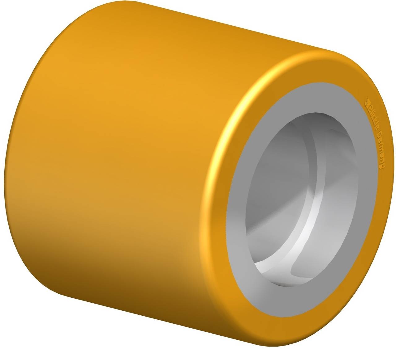 Gelbes zylindrisches Walzenrad mit einer grauen Innenseite; typisches Ersatzteil für Rollwagen oder Transportgeräte.