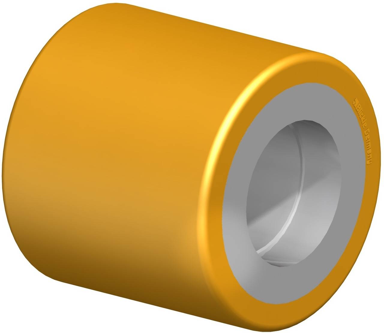 Ein gelbes Walzenlager aus Kunststoff mit grauem Innenring.