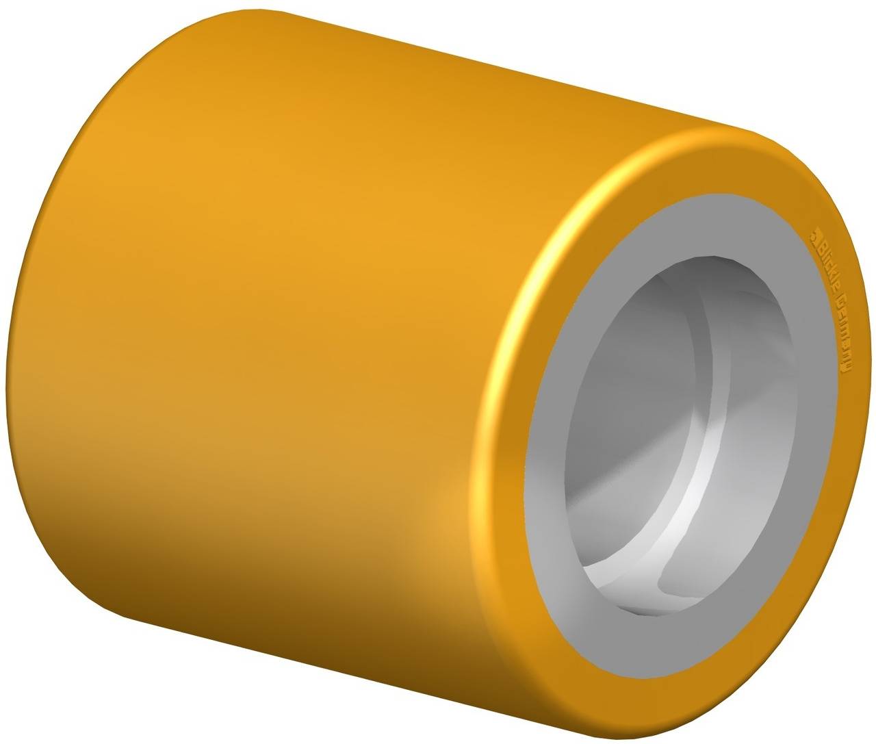 Eine gelbe Rolle mit einem silbernen Innenring, vermutlich ein Maschinenteil oder Ersatzteil, vor einem weißen Hintergrund.