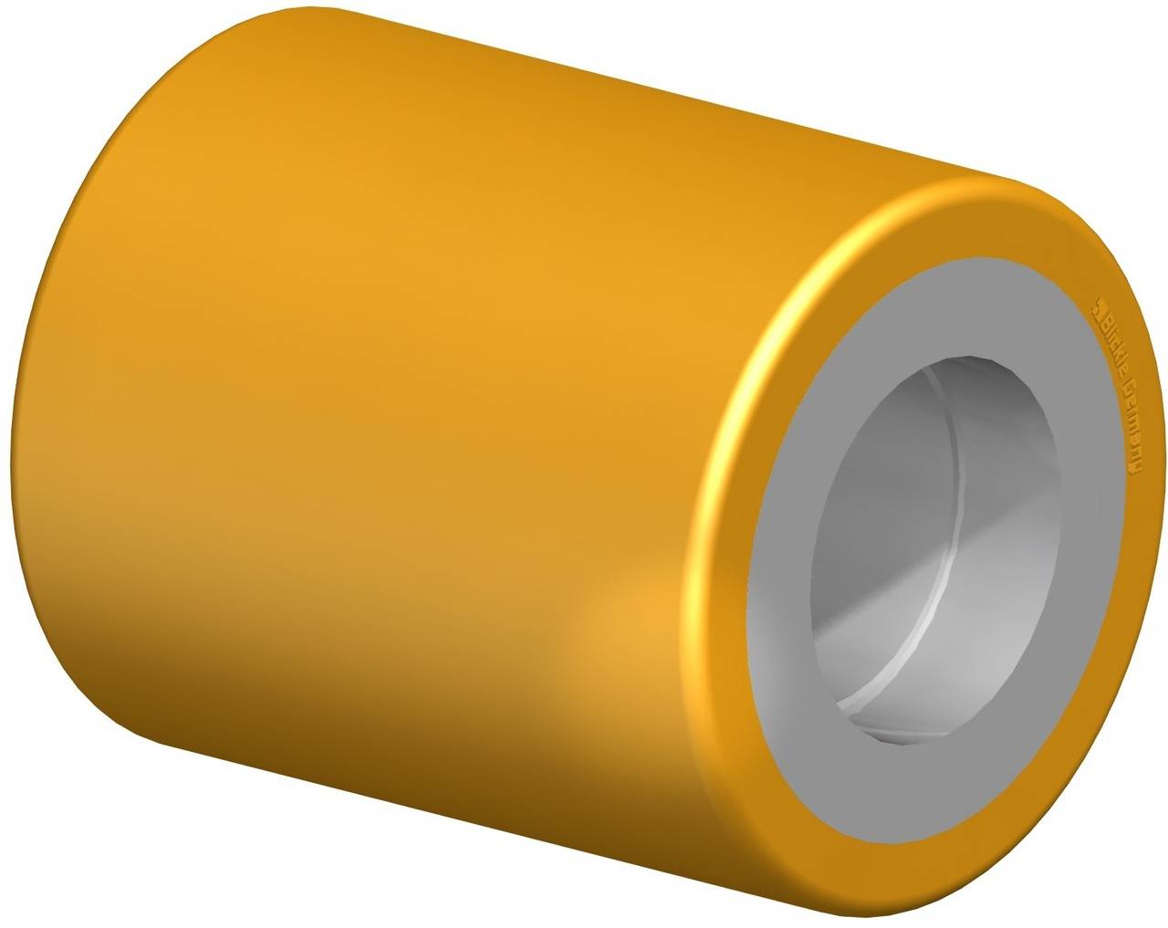 Eine gelbe zylindrische Rolle mit einem silbernen Innenring, vermutlich ein Maschinenteil oder Lagerkomponente.