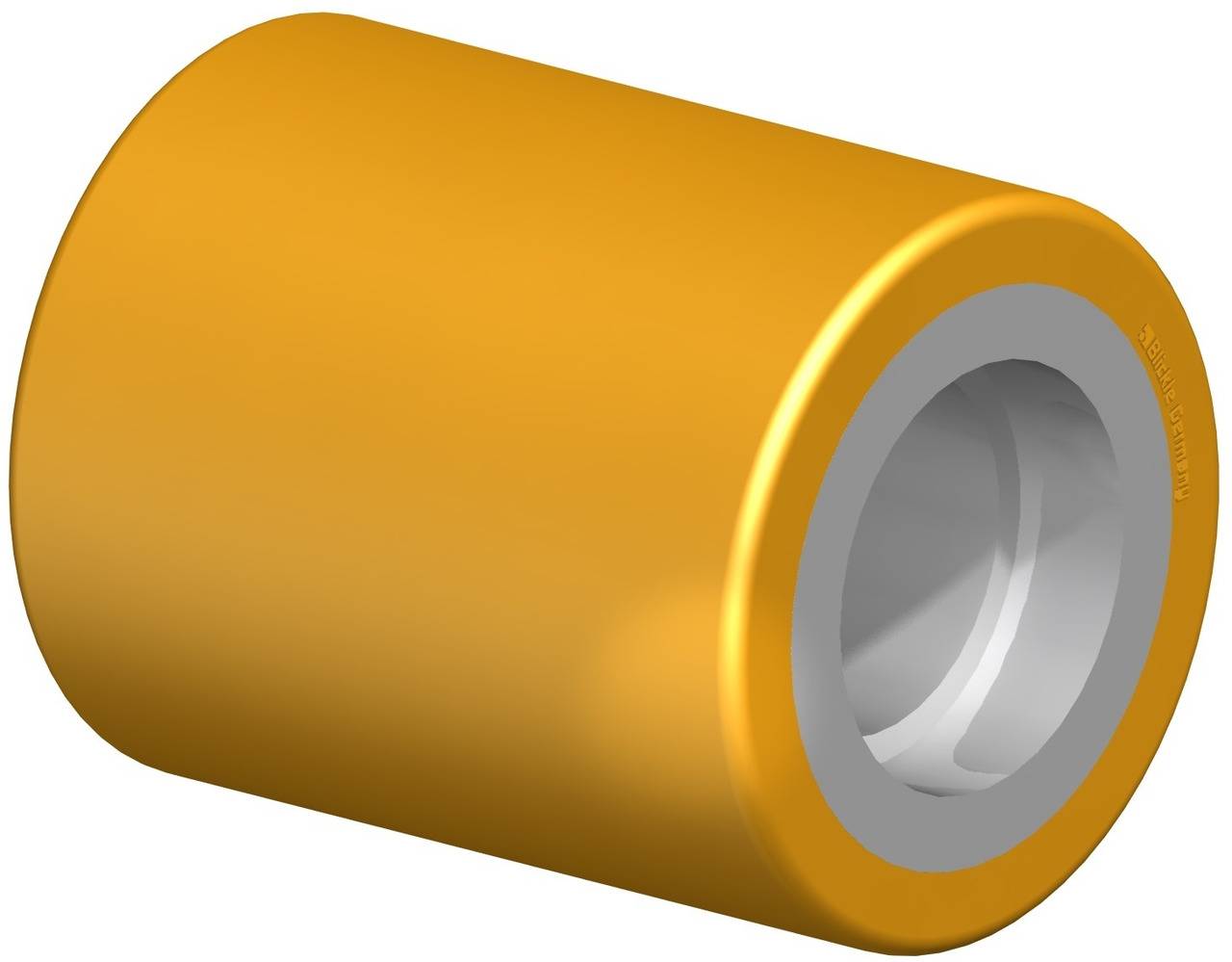 Ein zylindrisches, gelbes Bauteil mit metallischem Inneren. Es könnte Teil eines Maschinen- oder Fahrzeugrades sein.