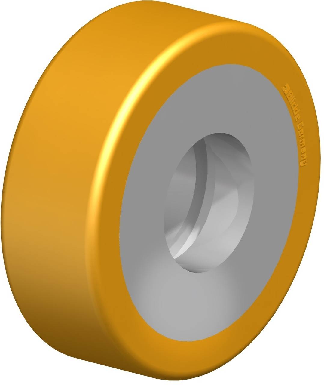 Ein gelbes Rad mit grauer Mitte, das als industrielles Bauteil verwendet wird. Es hat eine glatte, glänzende Oberfläche.