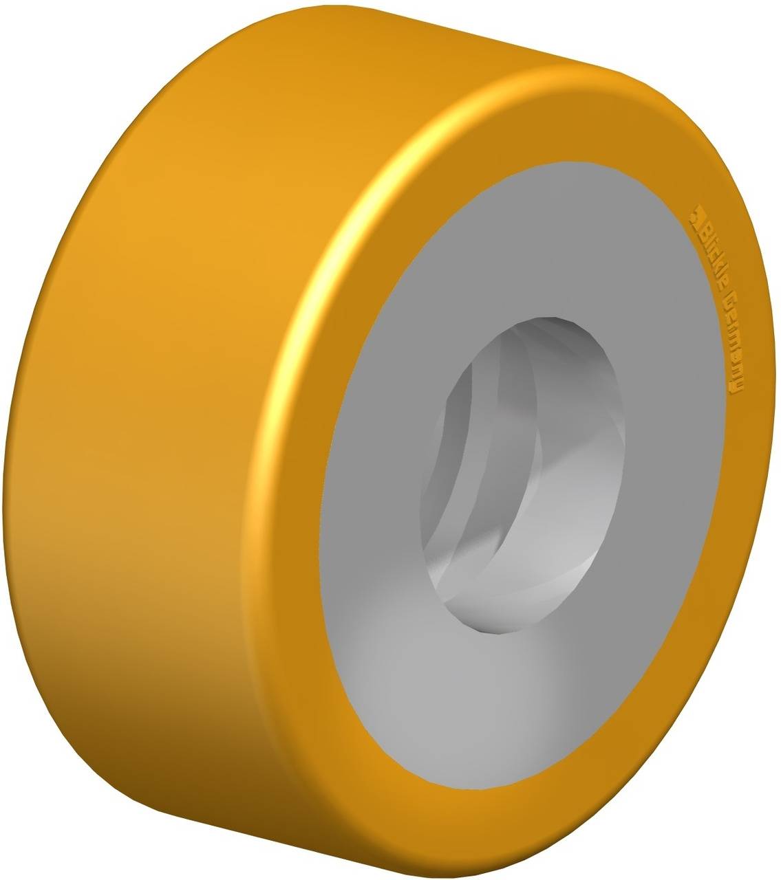 Gelbes, zylindrisches Rad mit grauem Zentrum, möglicherweise ein Maschinenteil oder Rollenbauteil, vor weißem Hintergrund.