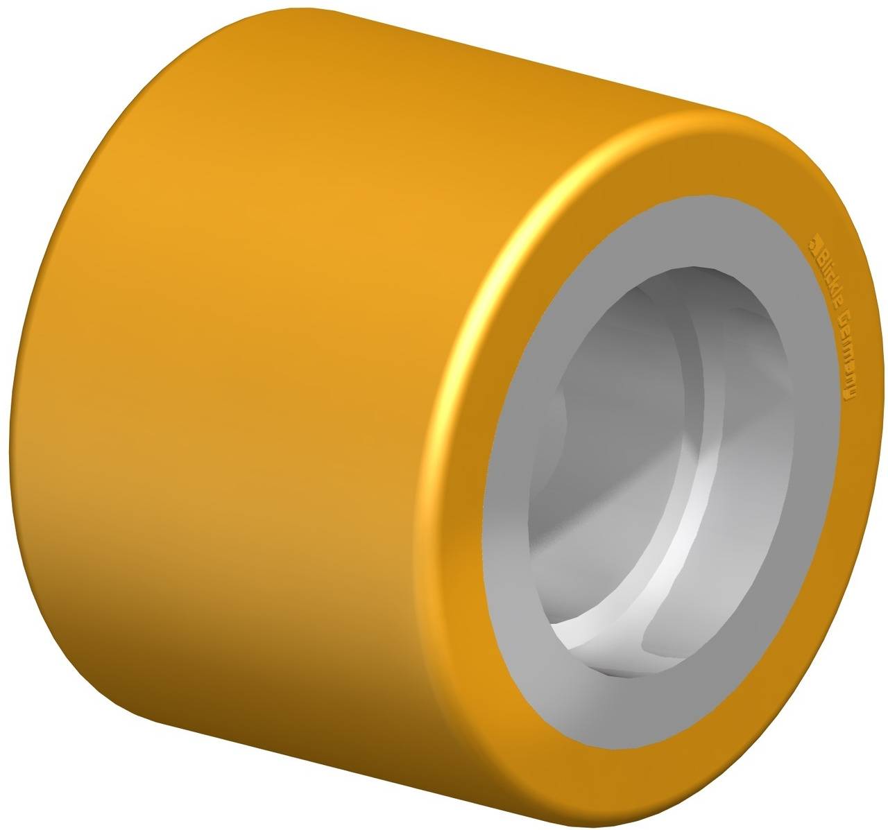 Ein gelbes Zylinderobjekt mit einem grauen, zylindrischen Hohlraum in der Mitte, möglicherweise ein Rad oder eine Rolle.