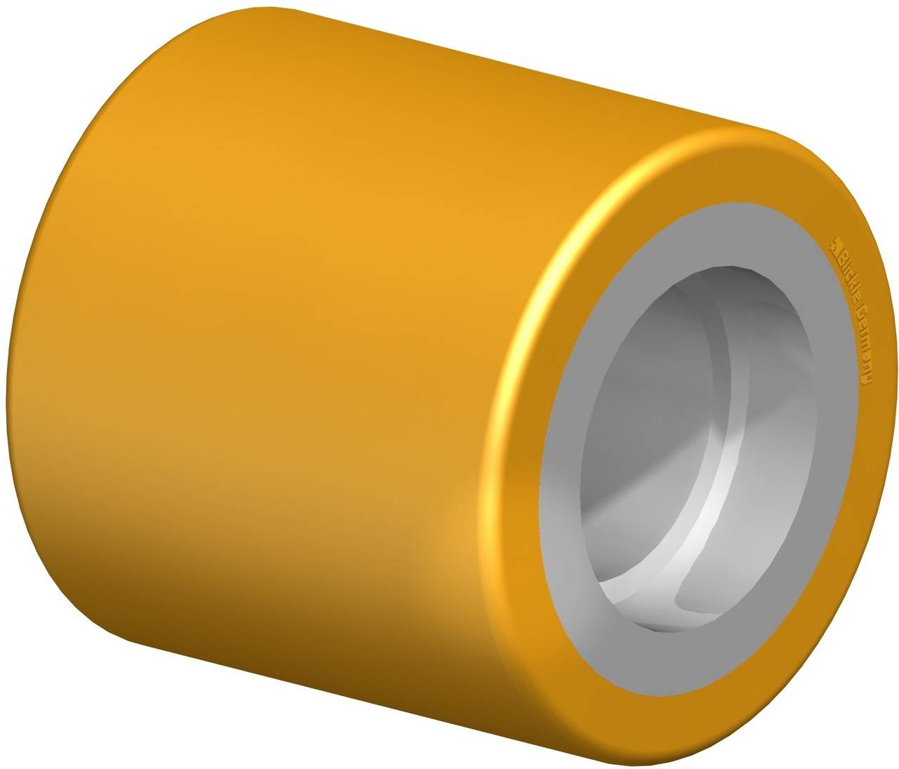 Eine gelbe Walze mit grauem Innerem, vermutlich eine Rolle oder ein Rad für technische Anwendungen, auf weißem Hintergrund.