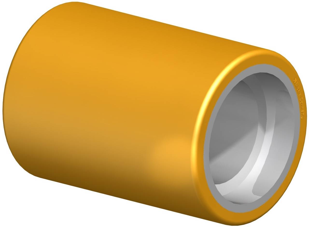 Ein metallischer Zylinder mit gelb lackierter Außenseite und silbernem Innenraum.