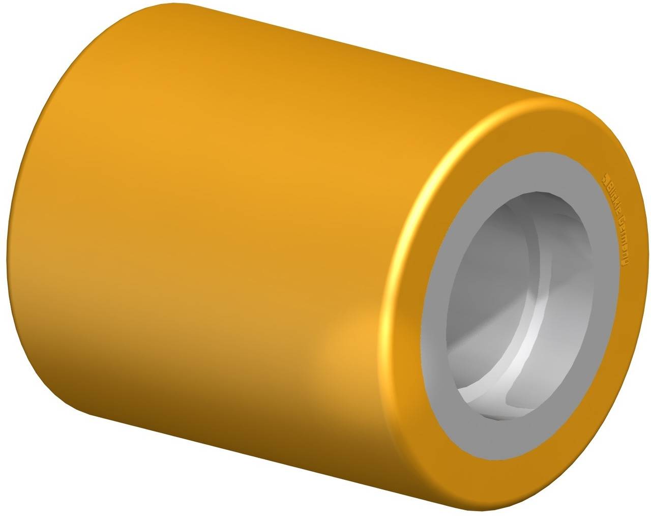 Eine zylindrische, gelbe Rolle, wahrscheinlich ein Rad, mit einer silbernen Innenkante. Sie scheint aus Kunststoff oder Metall zu bestehen.