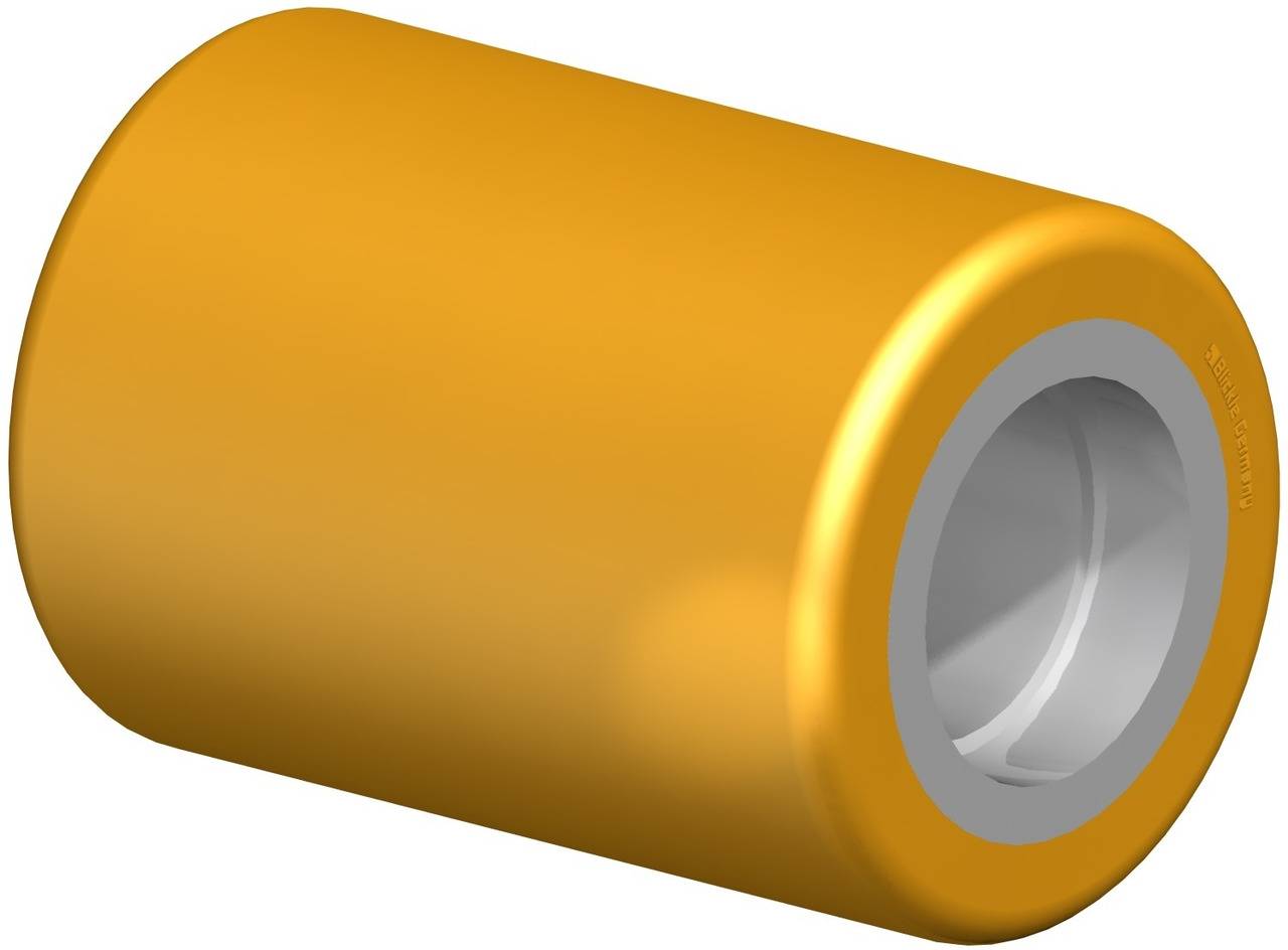 Zylindrische, goldene Rolle mit silberner Öffnung, möglicherweise ein Teil eines mechanischen Systems oder einer Maschine.