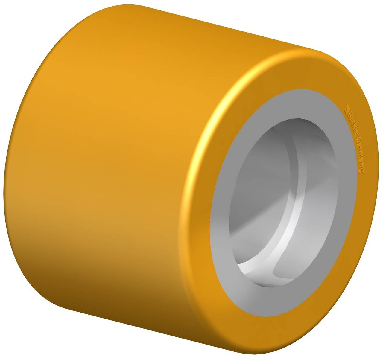 Ein rundes, gelbes Rad oder Rolle mit einem silbernen Innenring. Es scheint für industrielle Anwendungen geeignet zu sein.